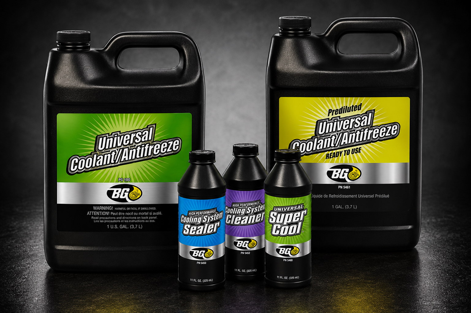 BG cooling system products, including universal coolant and antifreeze, cooling system cleaner, sealer, and Super Cool additive.