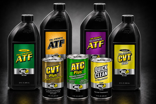 BG transmission maintenance products, including synthetic automatic transmission fluids, CVT fluid, conditioners, and transmission cleaner.